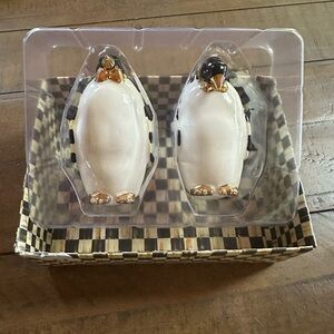 Mackenzie Childs NEW in BOX Courtly Check Penguins Ceramic Salt & Pepper Shakers